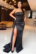 Long Strapless Black Mermaid Satin Evening Dress With Split