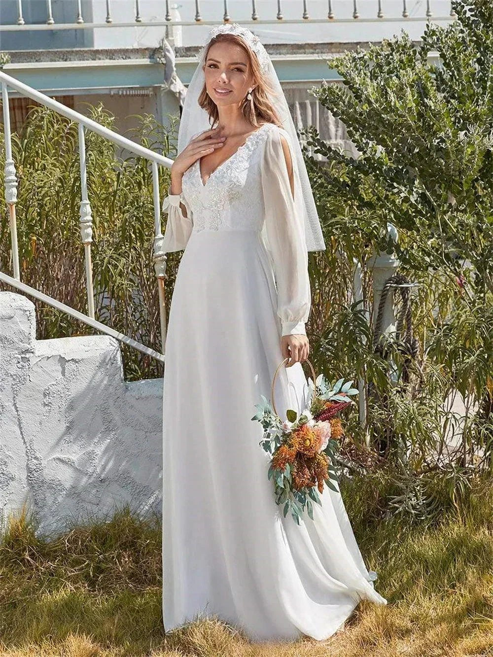 Classic Appliques 3D Flower Wedding Dress Simple Deep V-neck Long Sleeve Bridal Gown Beach Vestidos De Novia