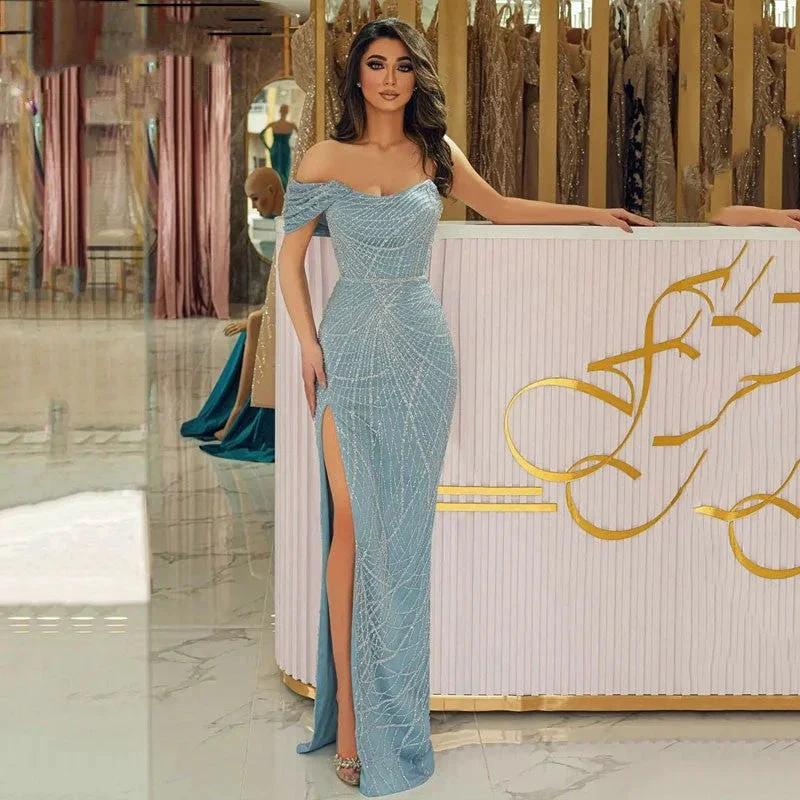 Elegant Sexy Light Blue Mermaid Evening Dresses 2025 One Shoulder High Split Party Prom Gowns Custom Made