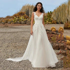 Simple A Line Wedding Dresses 2023 Sexy V Neck Sleeveless Lace Appliques Sweep Train For Women Bridal Gowns Buttons Back Robes