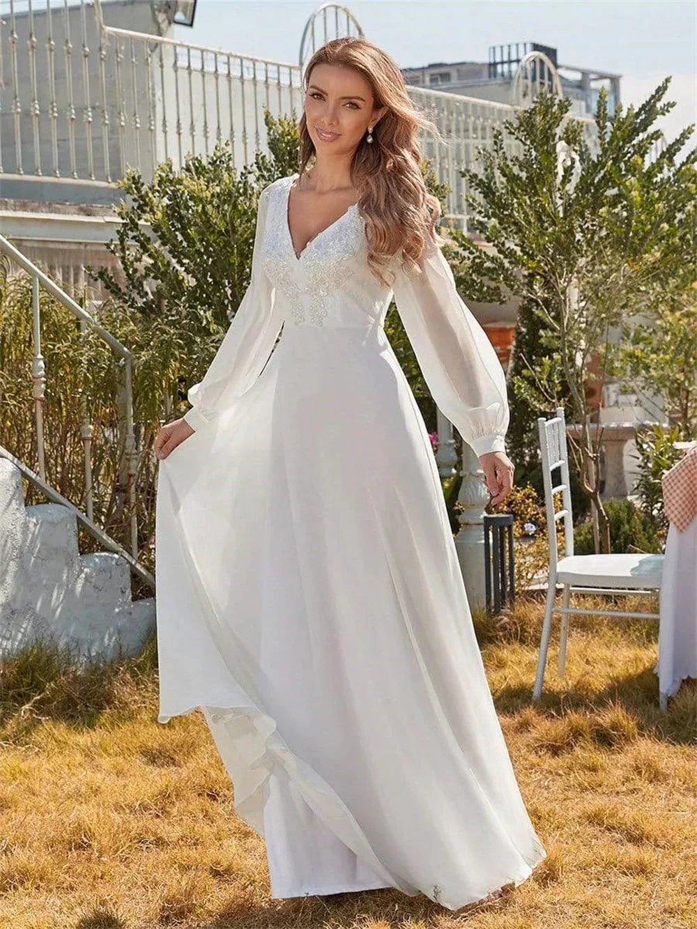 Classic Appliques 3D Flower Wedding Dress Simple Deep V-neck Long Sleeve Bridal Gown Beach Vestidos De Novia