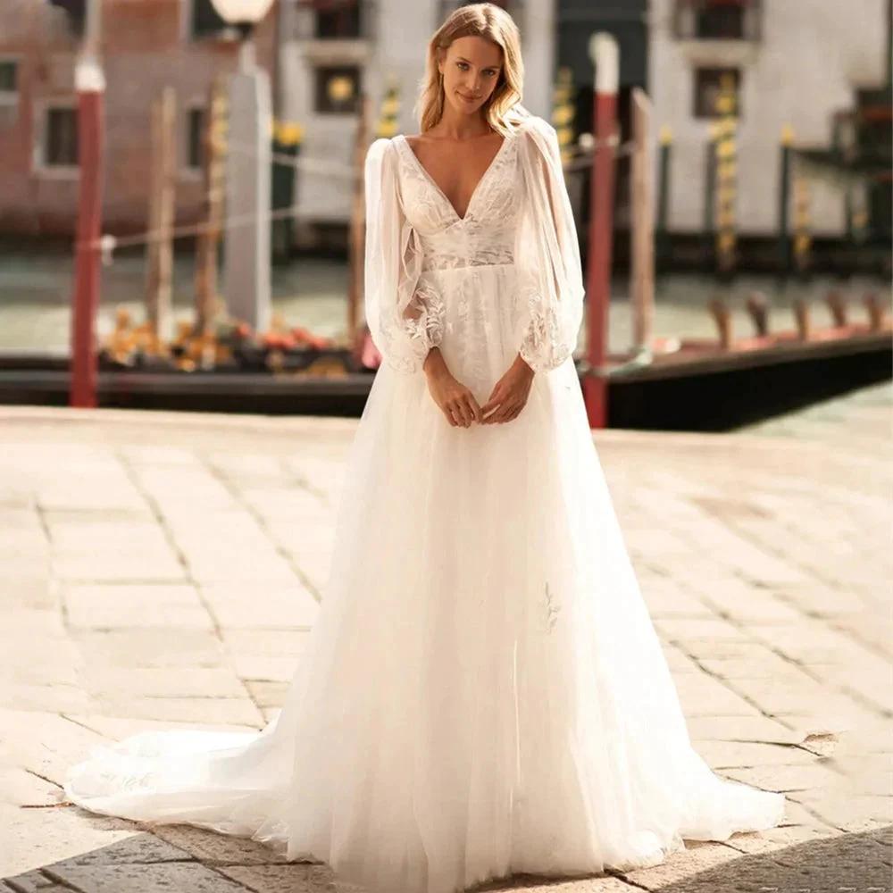 Sexy V Neck Lace Wedding Dresses 2024 Simple Long Puff Sleeves Bride Gowns Appliques Backless Custom Made