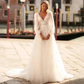 Sexy V Neck Lace Wedding Dresses 2024 Simple Long Puff Sleeves Bride Gowns Appliques Backless Custom Made