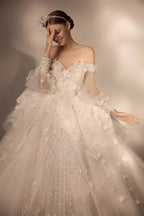 Gorgeous Long Ball Gown Off-the-Shoulder Tulle Wedding Dress with 3D Floral & Crystal Embroidery & Cathedral Train H009