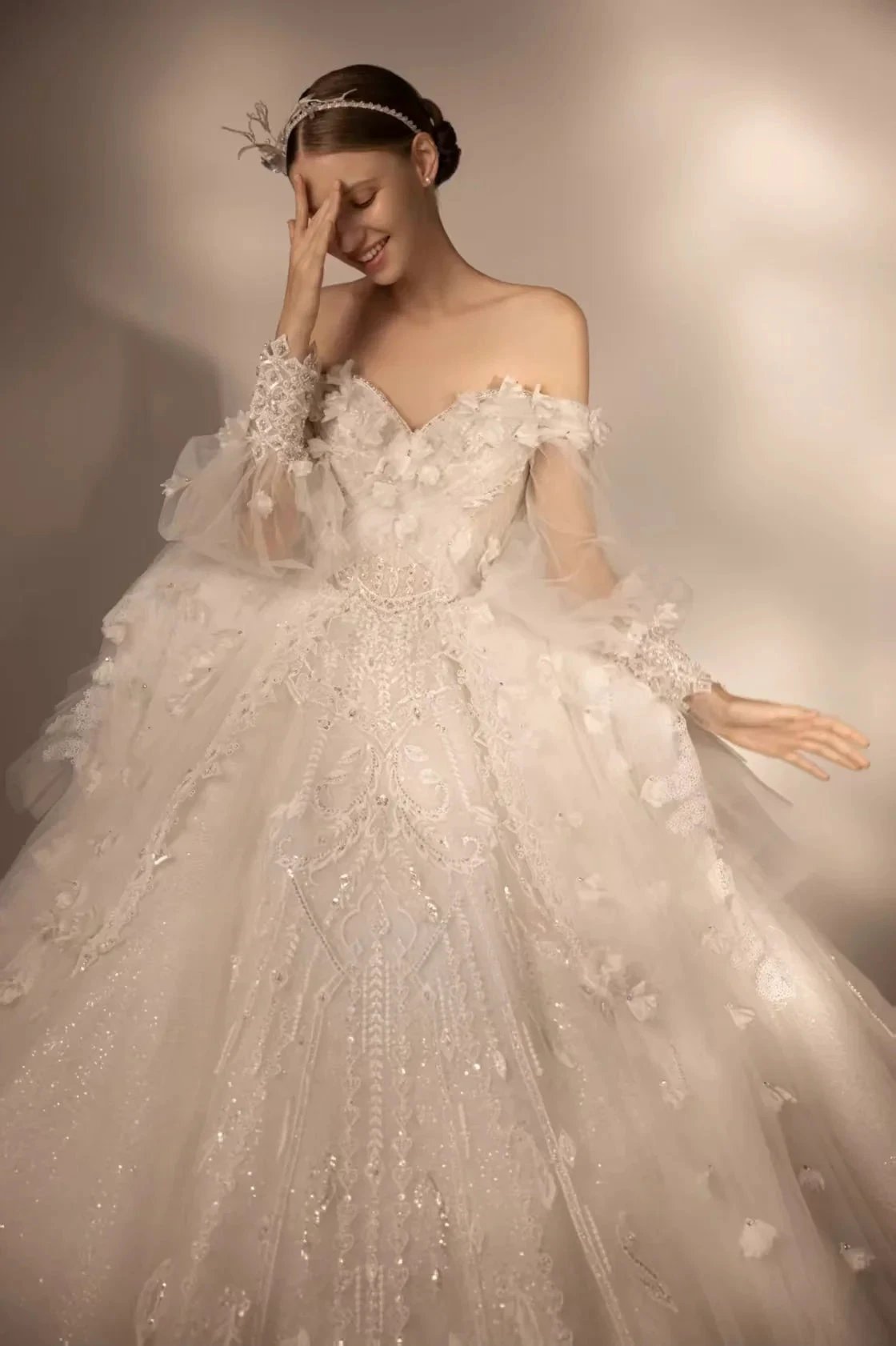 Gorgeous Long Ball Gown Off-the-Shoulder Tulle Wedding Dress with 3D Floral & Crystal Embroidery & Cathedral Train H009