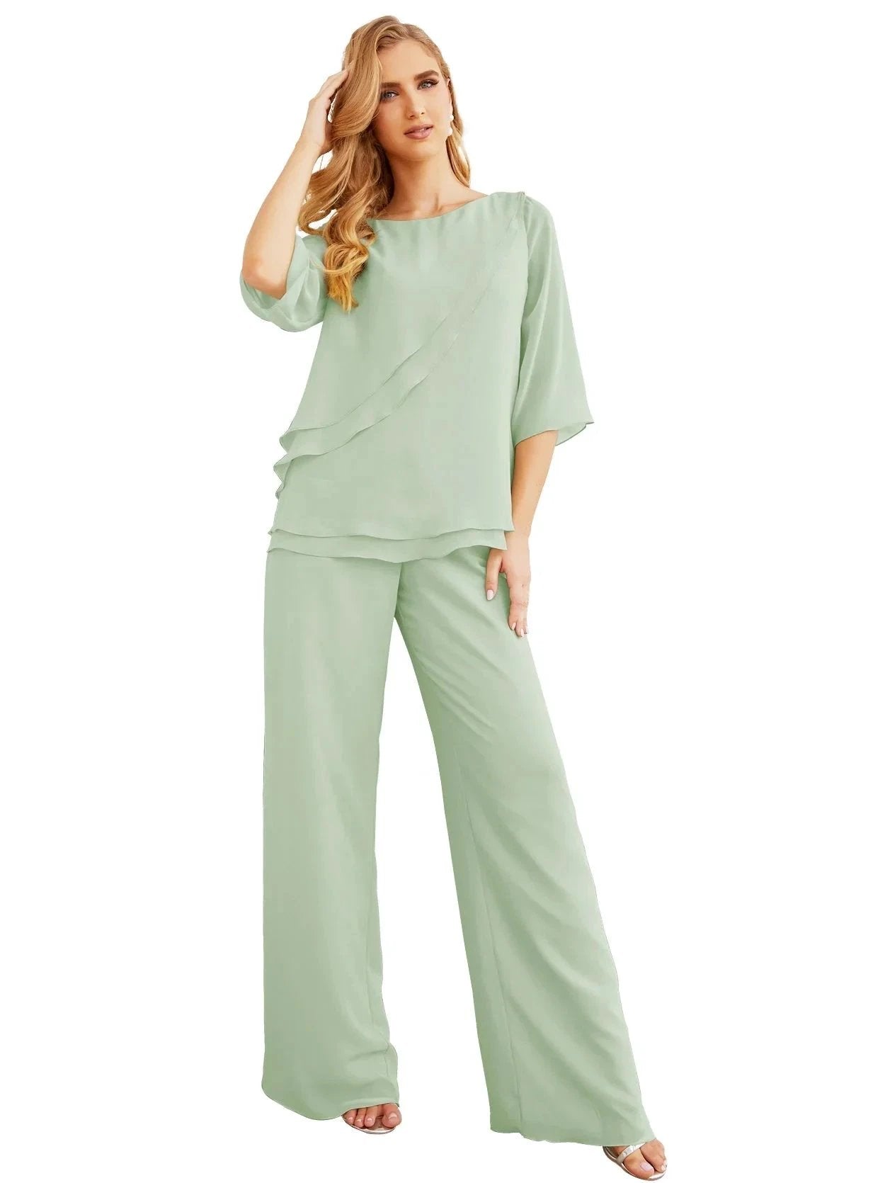 Sunnderly Elegant 2 Piece Mother of The Bride Dress Plus Size Pant Suits Ruffle Layers Sliver Housecoat SY28064