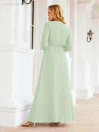 Sunnderly Women's Chiffon Bridesmaid Dress A line Long Sleeves Formal Evening Prom Gown for Wedding Guest SY28032