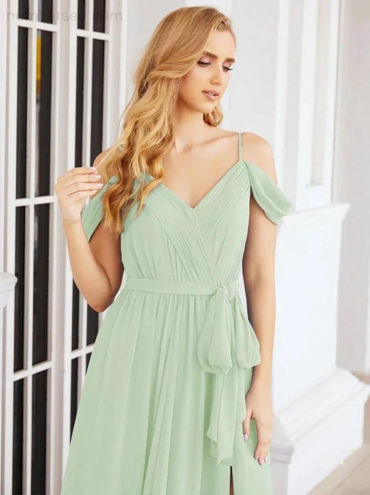 Numbersea Off The Shoulder Chiffon Bridesmaid Dress Long Formal Graduation Gown with Cowl Back 28069