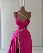 Gorgeous One Shoulder Satin Beaded Long Prom Dress Slit Evening Dress Y7692
