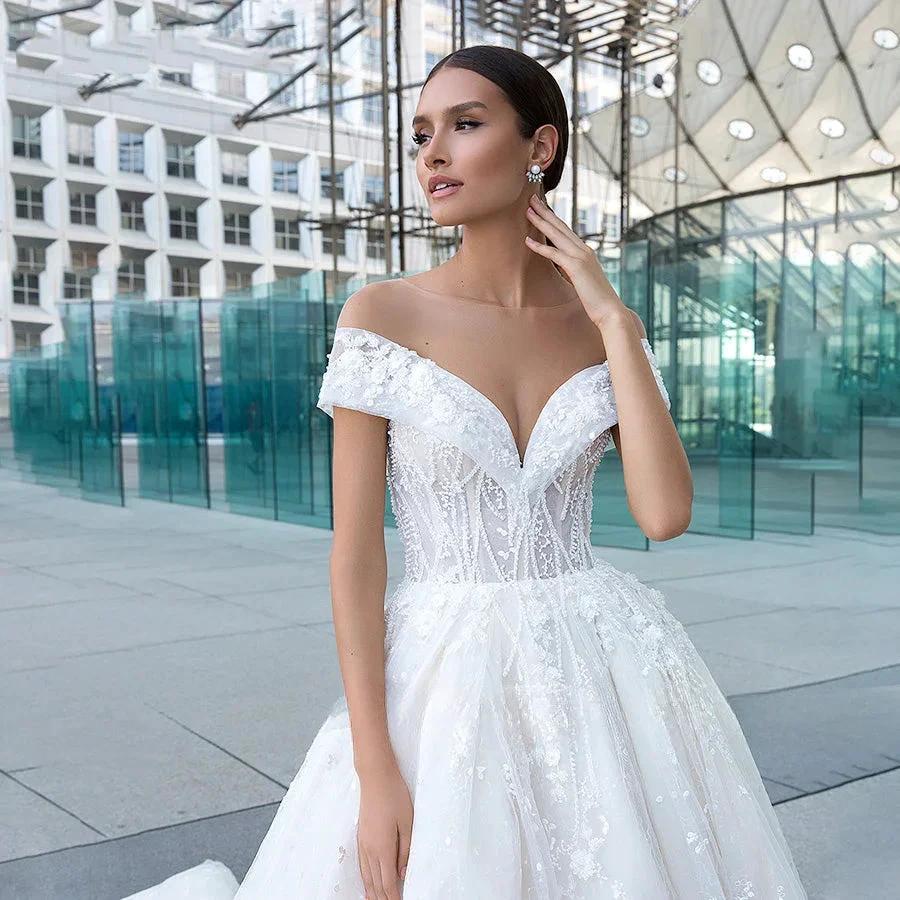 Sexy Sweetheart Lace Wedding Dresses Women's V-neck Decal Princess Wedding Formal Party 2023 Off Shoulder Beaded Romantic Bridal