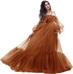 Puffy Sleeve Maternity Dress Tulle Robe for Photoshoot Off Shoulder Pregnancy Baby Shower Gown