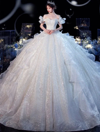 Fairy Romantic Off Shoulder White Wedding Dress Sweep Train Y6878