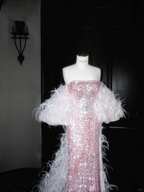 Fairy Pink Strapless Sequins Feathers Mermaid Evening Dress Slit Prom Dress Y8660