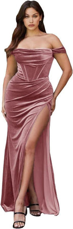 Women's Velvet Slit Mermaid Prom Dress Long Off Shoulder Bridesmaid Dress Strapless Party Gown