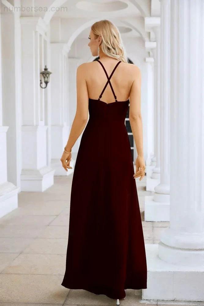 Ladies Chiffon Spaghetti Strap V Neck Front Slit Floor Length Bridesmaid Evening Dress Prom Party Wedding Evening Dress 28116