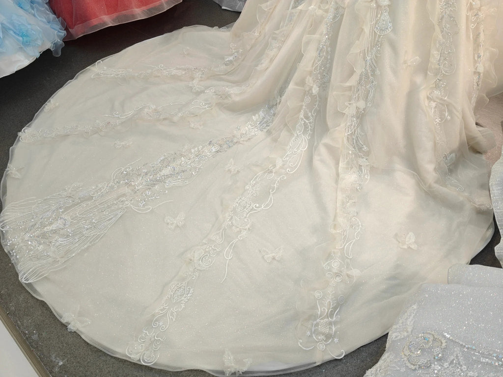 Cream Shimmer Off-Shoulder Ballgown Crystal-Embroidered Skirt & Fringed Collar