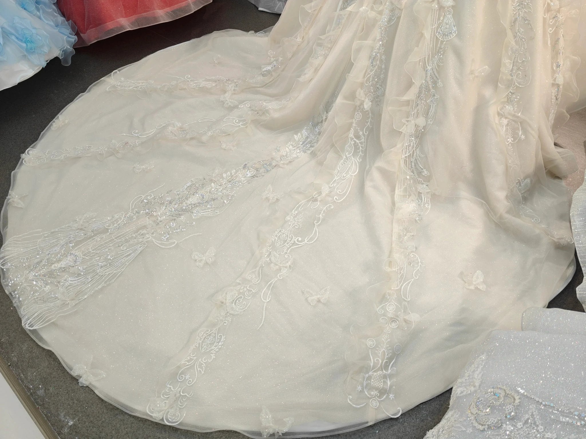 Cream Shimmer Off-Shoulder Ballgown Crystal-Embroidered Skirt & Fringed Collar