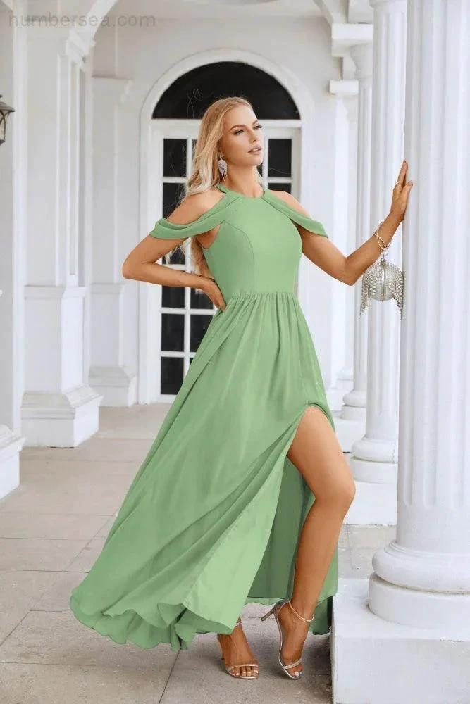 Ladies Chiffon Off Shoulder Swing Sleeve Front Slit Bridesmaid Evening Dress Wedding Party Evening Dress 28117