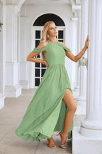 Ladies Chiffon Off Shoulder Swing Sleeve Front Slit Bridesmaid Evening Dress Wedding Party Evening Dress 28117
