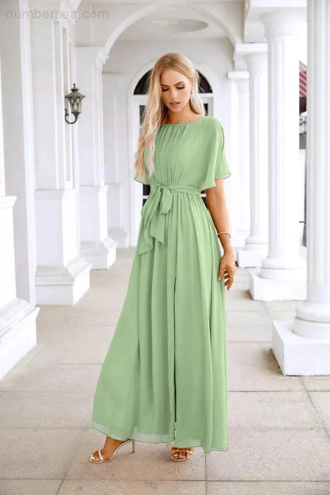 Ladies Chiffon Sleeve Crew Neck Front Slit Floor Length Bridesmaid Evening Dress Wedding Party Evening Dress 28124