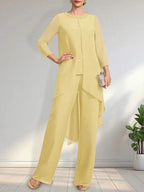Separates Jumpsuit/Pantsuit Scoop Floor-Length Chiffon Mother of the Bride Dress With Sequins Beading