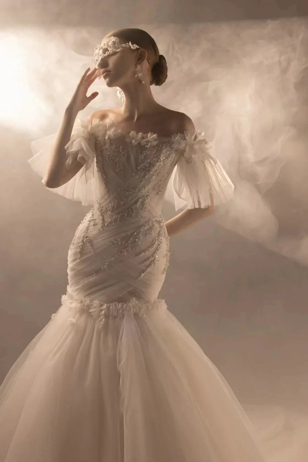 Ethereal Mermaid Off-the-Shoulder Tulle Wedding Dress with Beaded Embroidery & 3D Floral Accents H011