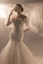 Ethereal Mermaid Off-the-Shoulder Tulle Wedding Dress with Beaded Embroidery & 3D Floral Accents H011