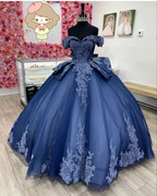 Navy Off The Shoulder Tulle Lace Quinceanera Dress,Navy Blue Ball Gown Sweet 15 Dress  Y2985