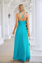 Ladies Chiffon Spaghetti Strap V Neck Front Slit Floor Length Bridesmaid Evening Dress Prom Party Wedding Evening Dress 28116