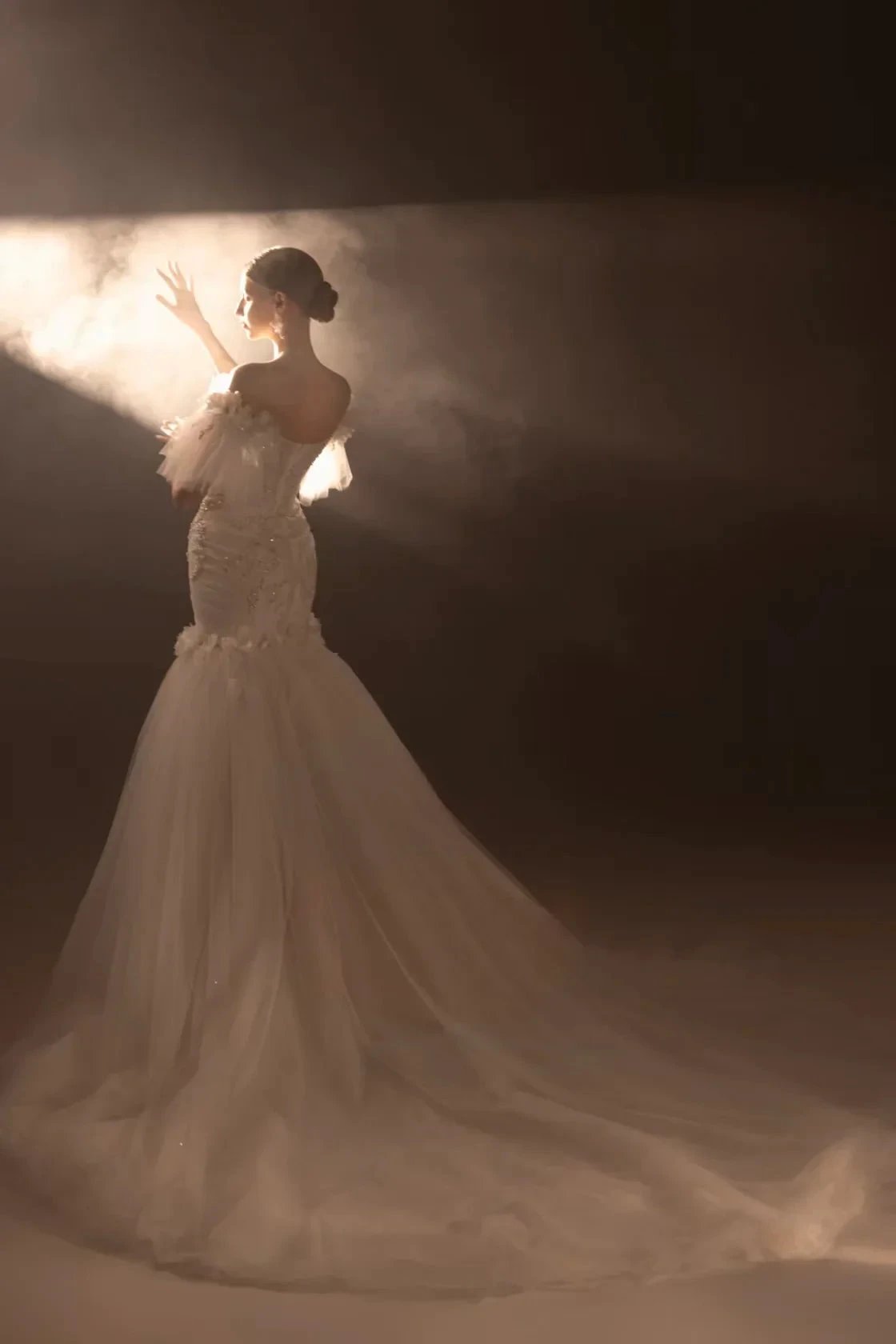 Ethereal Mermaid Off-the-Shoulder Tulle Wedding Dress with Beaded Embroidery & 3D Floral Accents H011