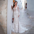 Luxury Backless Tulle Mermaid Wedding Dresses 2022 Long Sleeve Lace Appliques V-neck White Bridal Gown vestidos de novia