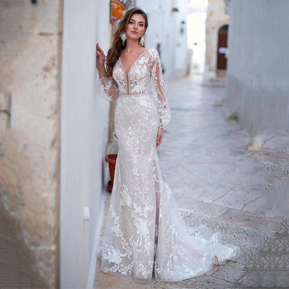 Luxury Backless Tulle Mermaid Wedding Dresses 2022 Long Sleeve Lace Appliques V-neck White Bridal Gown vestidos de novia
