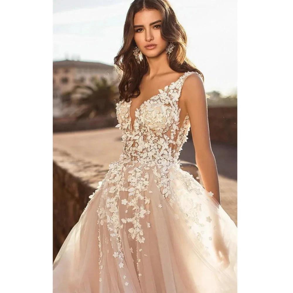 Wedding Dresses Beach Wedding Women Sexy V Large Decal 3D Flower Tulle Sleeveless Bridal Gowns Vestido De Novia Robe Mariée