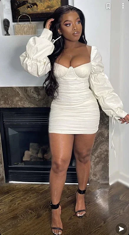 Sexy Solid Flounce Square Collar Pencil Skirt Dresses Birthday Outfit Dress White Homecoming Dress Y1902