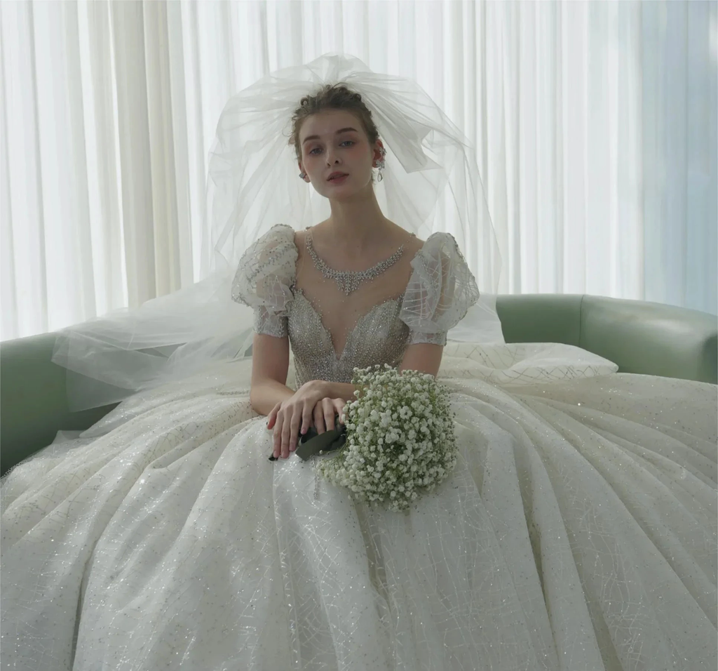 Glittering Ball Gown Deep V-Neck Tulle Wedding Dress with Beaded Embroidery & Puff Sleeves 6021-1