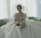 Glittering Ball Gown Deep V-Neck Tulle Wedding Dress with Beaded Embroidery & Puff Sleeves 6021-1