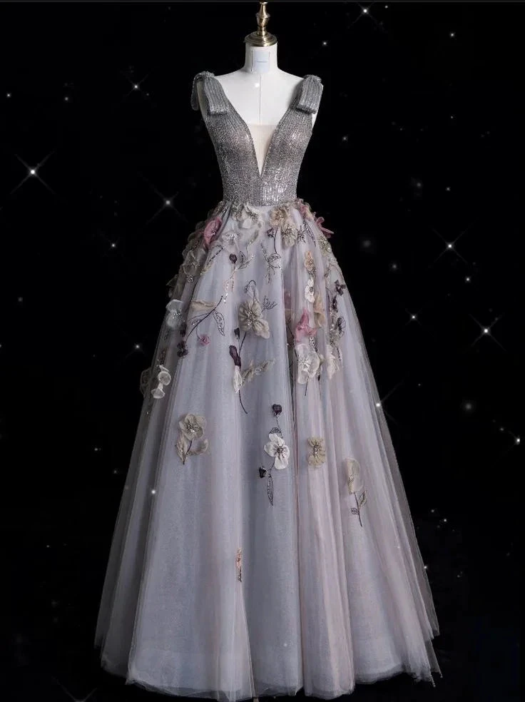 Charming V Neckline Gray Tulle Floral Ball Gown Long Evening Gown Prom Dress Y7953