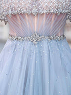 A-Line Tulle Beaded Luxurious Fashion Formal Evening Dresses Short Sleeves Floor Length Prom Dresses