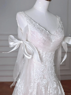 Fairy White V Neck Tulle Lace Appliques Mermaid Evening Dress,Long Wedding Dress Y8636