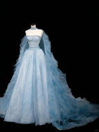 Dream Blue Tulle Beaded A Line Prom Dress Long Evening Dress Y8691