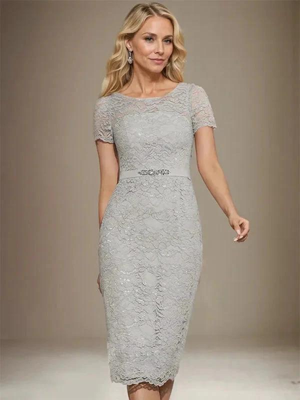 Sheath/Column Scoop Knee-Length Chiffon Lace Mother of the Bride Dress With Beading