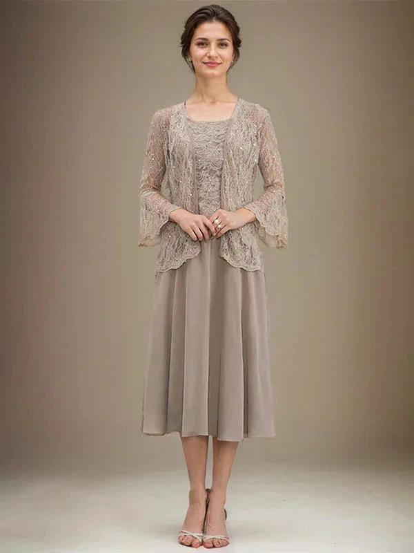 A-line Scoop Tea-Length Lace Chiffon Mother of the Bride Dress With Sequins