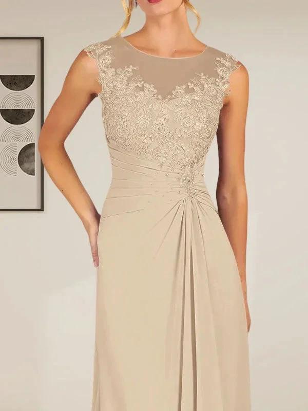Champagne A-Line Scoop Lace Chiffon Dress