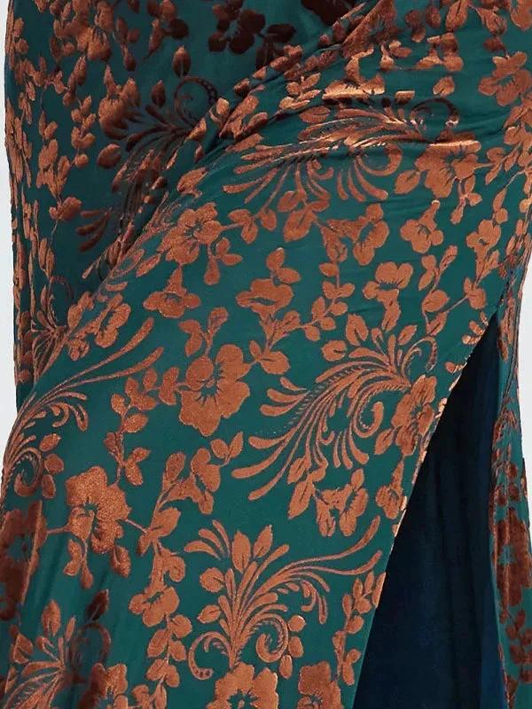 Vintage Plain V-Neck Short Sleeves Velvet Tea-Length Mother of the Bride Dress With Slit