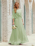 Sunnderly  Bridesmaid Dress Women Long Sleeve V-Neck Chiffon Formal Wedding Party Dress SY28018