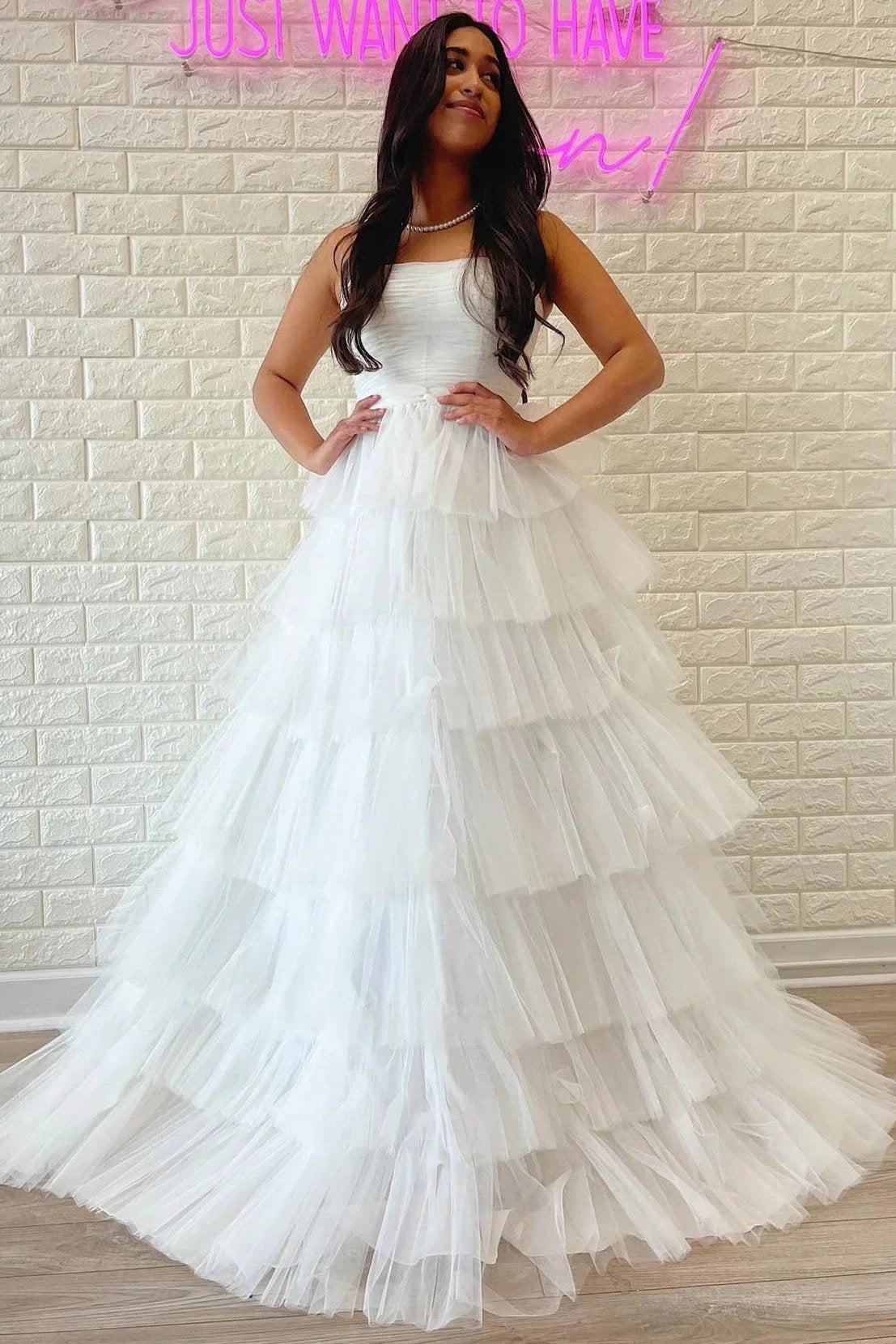 Daleyza |A-Line Strapless Tiered Tulle Prom Dress with Ruffles