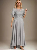 A-line Scoop Illusion Asymmetrical Chiffon Lace Mother of the Bride Dress With Beading