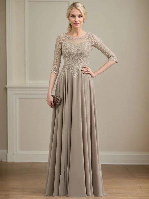 A-line Scoop Illusion Floor-Length Lace Chiffon Mother of the Bride Dress With Sequins