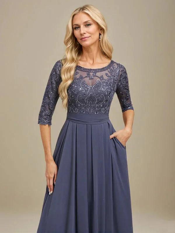 A-Line Scoop Floor-Length Lace Chiffon Mother Of the Bride Dress With Sequins Applique