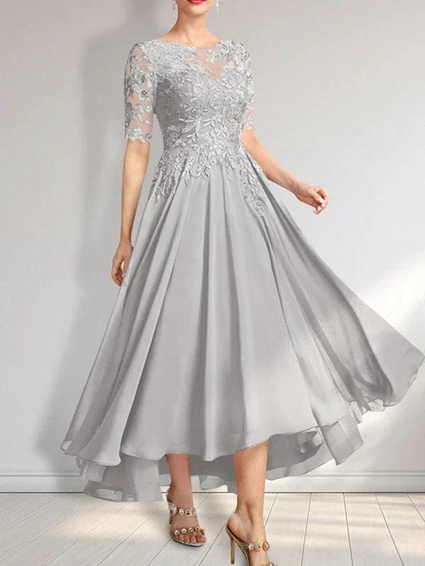 A-line Scoop Illusion Asymmetrical Chiffon Lace Mother of the Bride Dress With Sequins